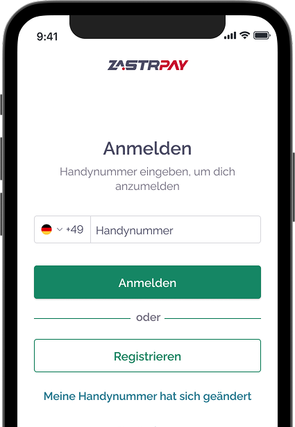 Zastrpay Login-Bildschirm mit Eingabefeld für Handynummer