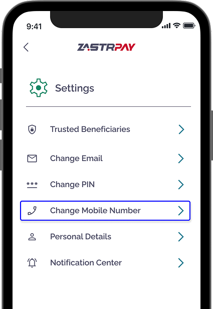 Zastrpay settings with 'Change Mobile Number' option