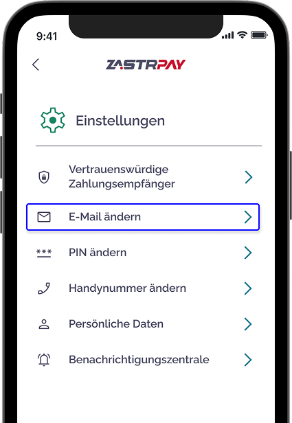 Zastrpay Einstellungen mit Option 'E-Mail-Adresse ändern'