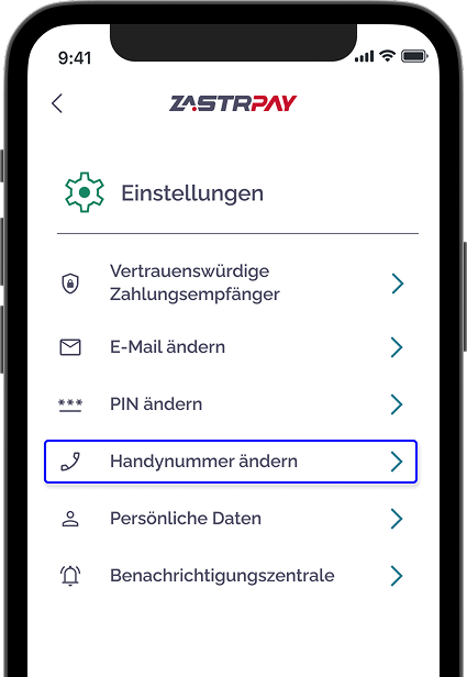 Zastrpay Einstellungen mit Option 'Handynummer ändern'