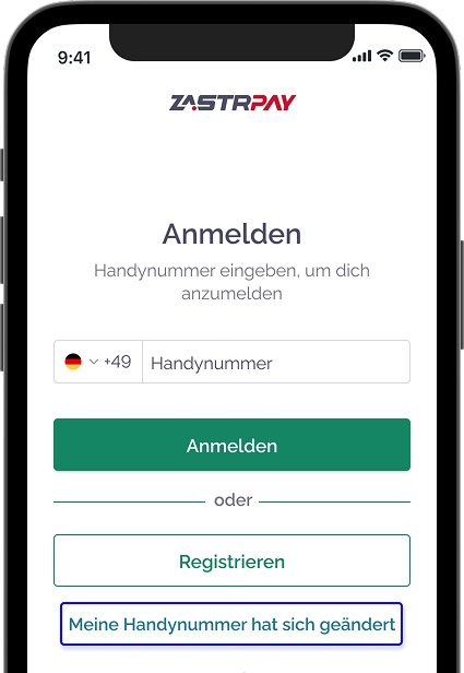 Zastrpay Login-Bildschirm mit Option 'Meine Handynummer hat sich geändert'