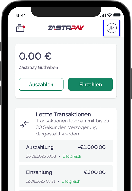 Zastrpay Startbildschirm mit Profil-Icon oben rechts