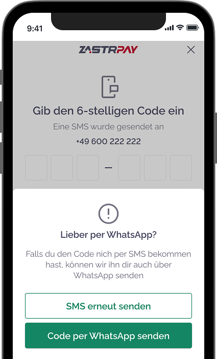 Zastrpay App Bildschirm mit Option 'Code per WhatsApp senden'